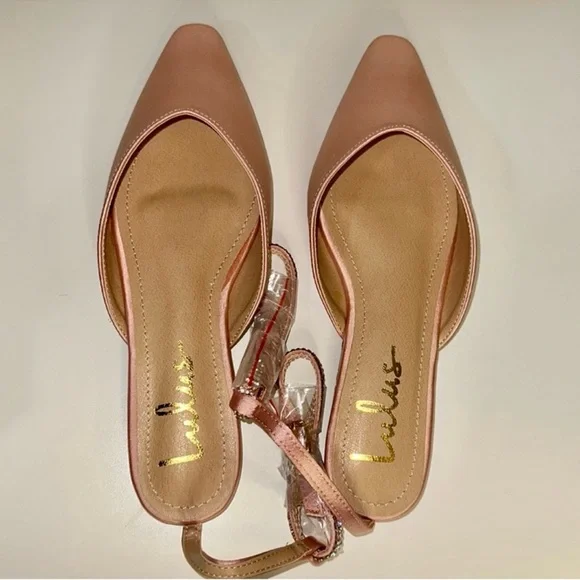 NIB Lulu’s Valetta Champagne Pink Satin Rhinestone Ankle Strap Flats 7 - Picture 1 of 12